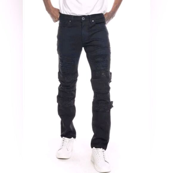 New Platform100 Men’s Strapped Black Denim Jeans Size 44” x 32” Streetwear